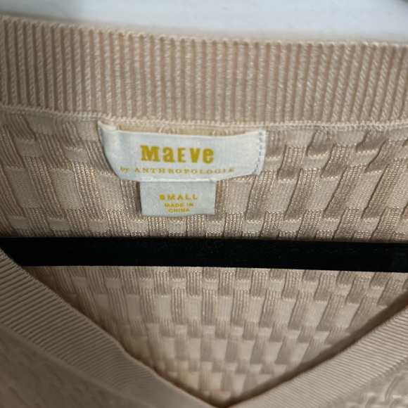 Anthropologie Gold Cream Sheer Puff Sleeve Preppy Balletcore V Neck Sweater - Picture 4 of 5